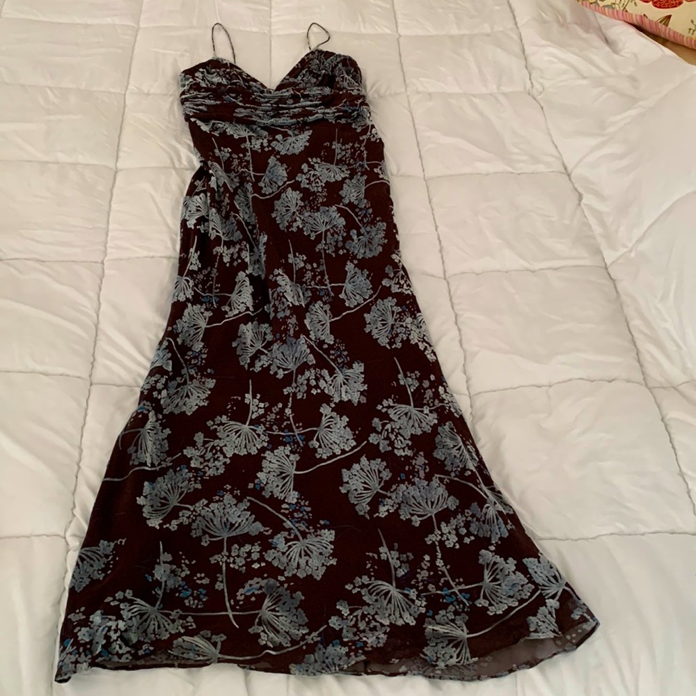Rayon Silk Blend Long Dress, Brown w Blue-Silver Velvet Burnout Overlay, Phoebe